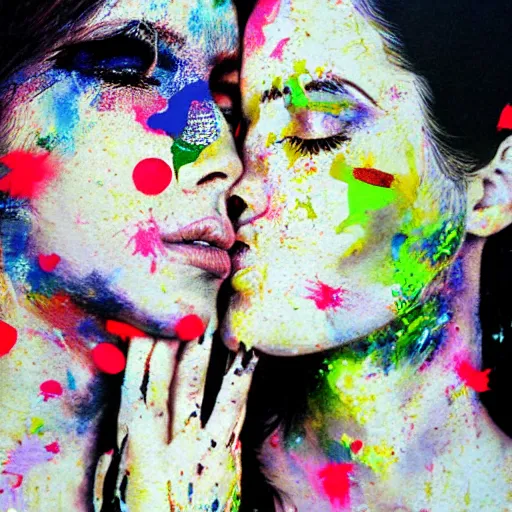 Image similar to double exposure of two women kissing ( closeup ) and an acrylic painting, lomography. this photograph is subsequently printed out and splattered with paint. mixed media collage art with magazines and found art