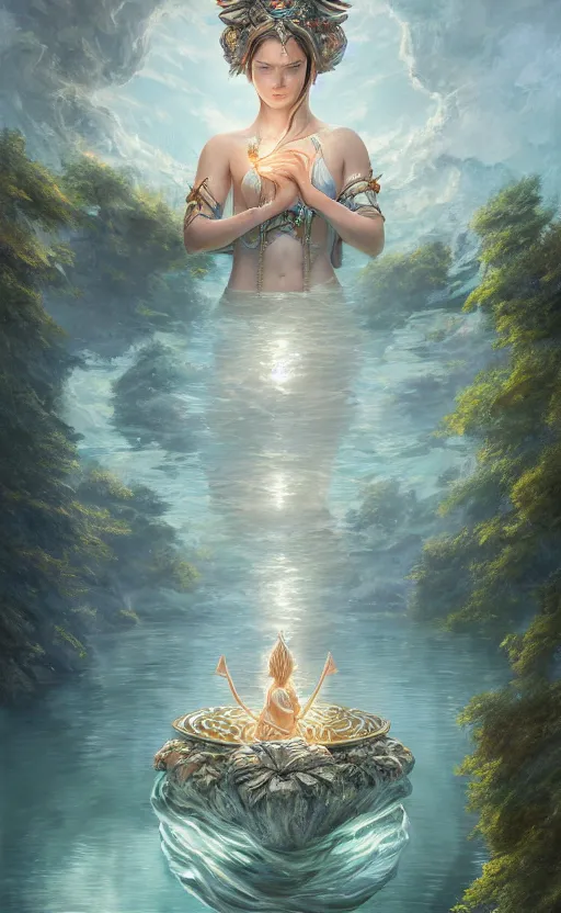 Image similar to the goddess of the lake, highly detailed, d & d, water everwhere fantasy, highly detailed, digital painting, trending on artstation, concept art, sharp focus, global illumination, ray tracing, illustration, art by artgerm and greg rutkowski and fuji choko and viktoria gavrilenko and hoang lap