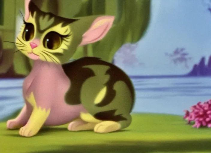 Image similar to littlest pet shop cat in a scenic matte painting from fantasia ( 1 9 4 1 )