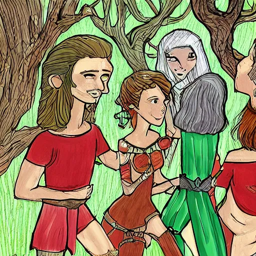 Prompt: humans and elves having a party drawn by Frank