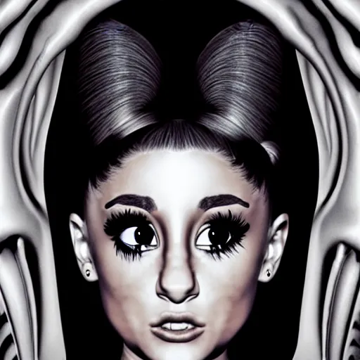 Image similar to 3/4 headshot of Ariana Grande, style of Giger, H. R. GIGER