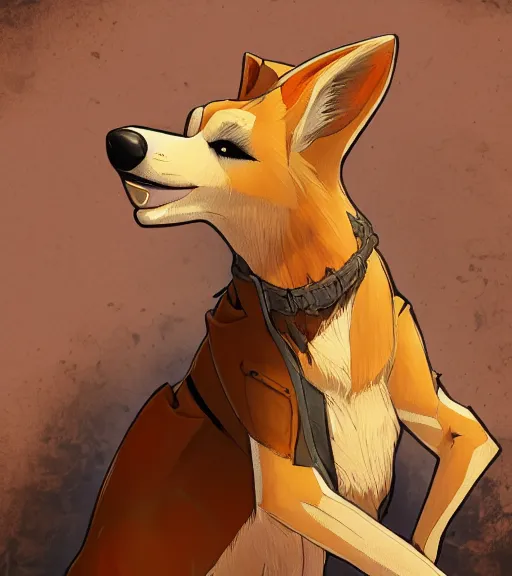 Image similar to stylized character portrait icon of the anthro anthropomorphic dingo dog head animal person fursona wearing clothes adventurer standing in australia outback, hidari, color page, tankoban, 4 k, tone mapping, akihiko yoshida