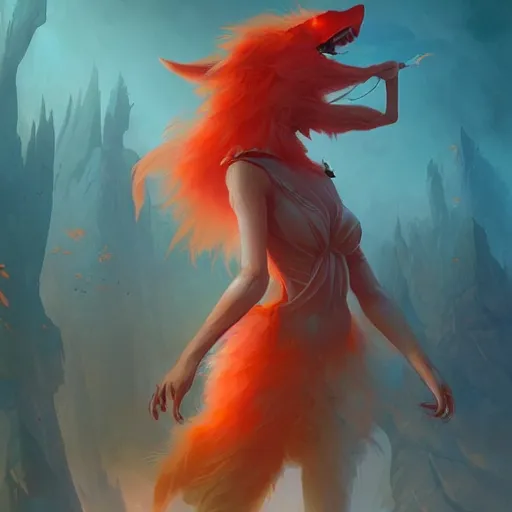 Image similar to prompt A beautiful red orange fluffy kumiho, concept art, matte painting, by Peter Mohrbacher