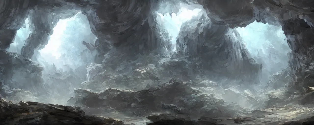 Prompt: concept art of an ancient fantasy cave with huge crystals, god rays, artstation