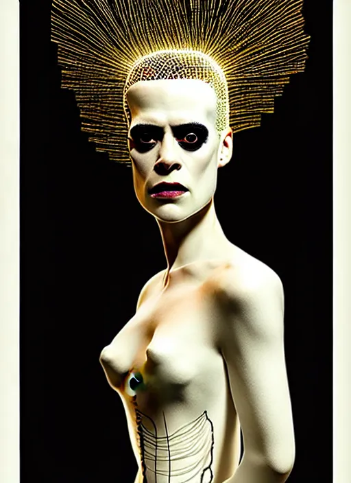 Image similar to portrait of kristen mcmenamy as a beautiful gentle futuristic bride of frankenstein from the movie bride of frankenstein, kintsugi, modern fine art, fractal, intricate, elegant, highly detailed, digital photography, subsurface scattering, by jheronimus bosch and greg rutkowski