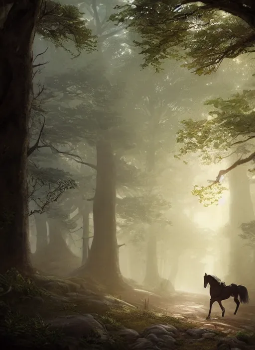 Prompt: a man walking through a forest with a horse, a detailed matte painting by jordan grimmer, cgsociety, fantasy art, matte painting, 2 d game art, volumetric lighting