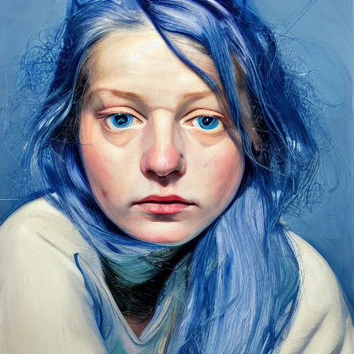 Image similar to high quality high detail painting by lucian freud, hd, blue hair beautiful girl portrait, photorealistic lighting