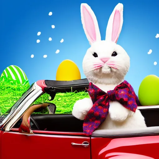 Image similar to easter bunny riding a convertible, studio photo, high quality