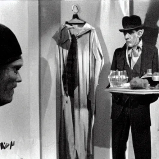 Image similar to wardrobe scene from the vampire on the boulevard starring boris karloff