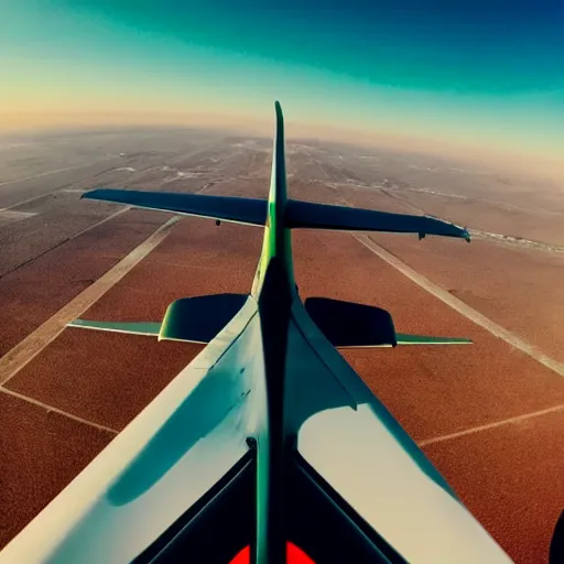 Image similar to pov on the back of a flying bird, a plane arriving in front