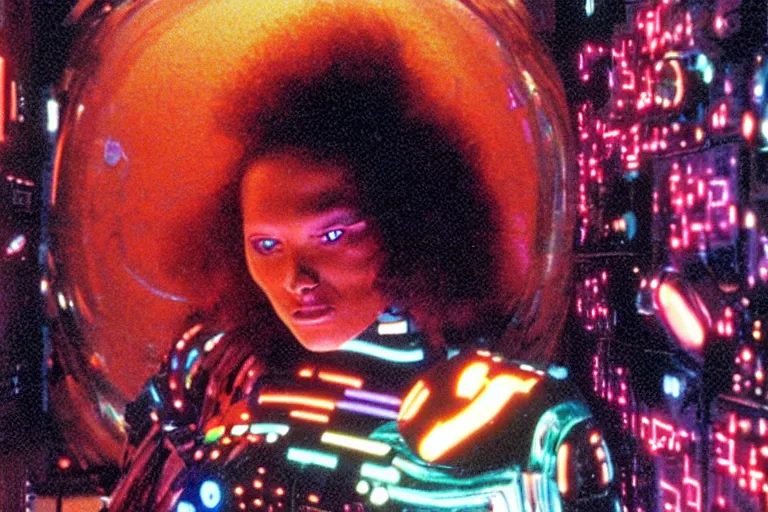 Prompt: friendly cyborg - woman emerging from a space portal in cyberspace, fractal, in 1 9 8 5, y 2 k cutecore clowncore, bathed in the glow of a crt television, crt screens in background, low - light photograph, in style of tyler mitchell