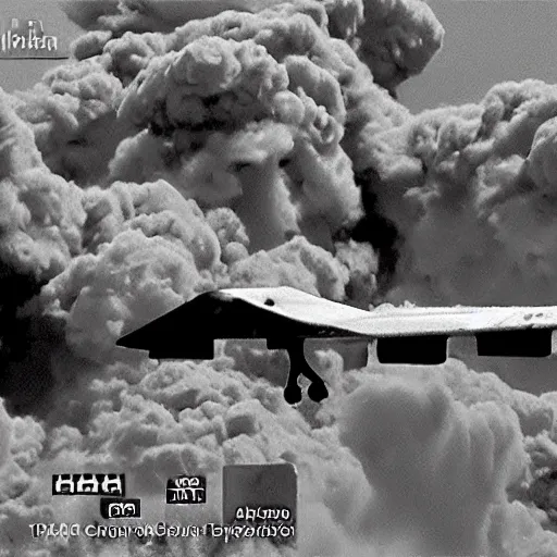 Image similar to combat drone strike war footage, ir, infrared camera, very high contrast, nuclear cloud, high angle vertical, dirty, grainy, noisy, bad drone camera, airwaves, static,