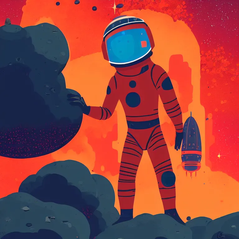 Image similar to A space miner wearing orange spacesuit, high-tech spacesuit armor, in a lava planet, red tones, magma rock, lava and fire, art by James Gilleard, James Gilleard artwork, vintage