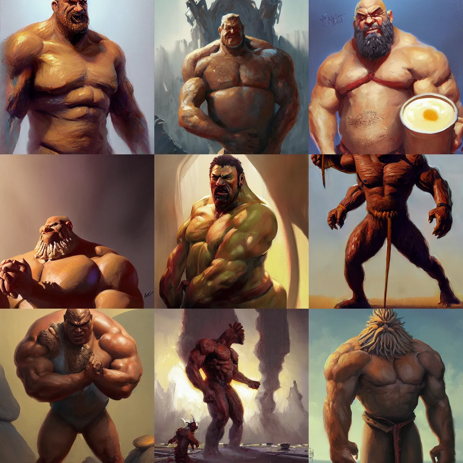 Prompt: Big Man, Big Oatmeal, the god of oatmeal, painting by Eddie Mendoza