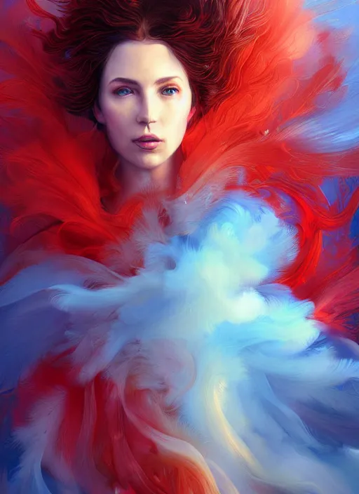 Prompt: a painting of a woman who made of curly and transparent feathers cloud with red edges is holding a sword, a digital painting by charlie bowater, made of many translucent layers of blue, metaphysical painting, speedpainting, digital painting, holographic undertones, highly saturated colors, 4 k, digital art, concept art, trending on artstation