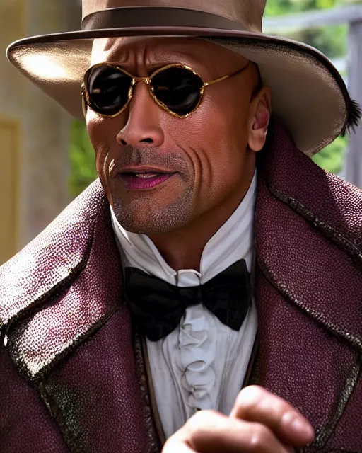 Image similar to Film still close-up shot of Dwayne Johnson as Willy Wonka from the movie Willy Wonka & The Chocolate Factory. Photographic, photography