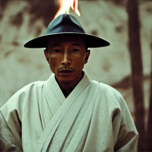 Prompt: cinematic film still Pharrell Williams starring as a Samurai with fire, Japanese CGI, VFX, 2003, 40mm lens, shallow depth of field,film photography
