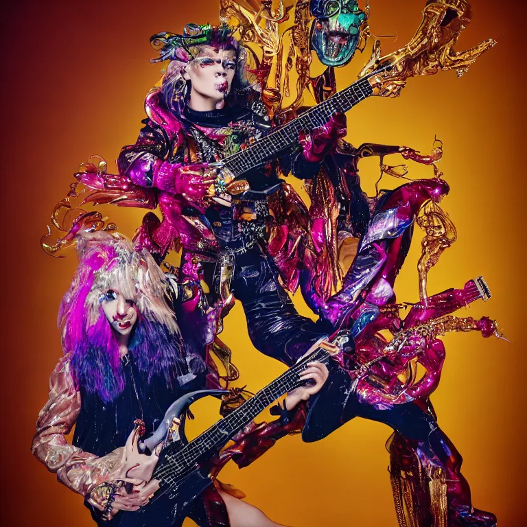 Image similar to high fashion photoshoot octane render portrait by wayne barlow and carlo crivelli and glenn fabry, a psychedelic werewolf guitar player wearing a colorful bright velvet and rhinestone glam rock outfit and holding a futuristic clear plastic fender guitar inside a futuristic beautiful boutique fantasy hotel lobby, very short depth of field, bokeh