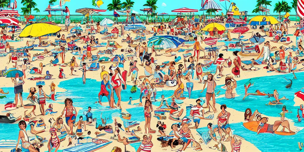 Prompt: a full page spread from the where's waldo at the beach book, high detail illustration, coherent