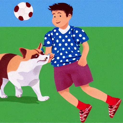 Image similar to illustration of french boy in paris playing football against a corgi, the corgi is wearing a polka dot scarf