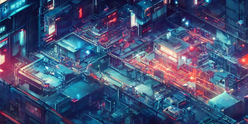 Prompt: isometric room of factory exploding at night in the center of a futuristic sci-fi asian city, signboards, neon lights, blade runner color palette, rendered in octane render by Yasunari Ikenaga, Yamato, Macross