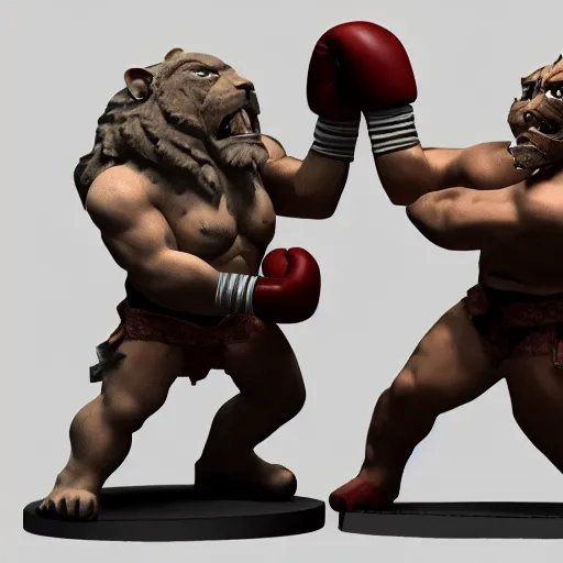 Image similar to dwarven men with boxing gloves fighting a lion