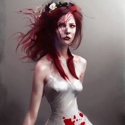 Image similar to The bride in a bloody dress, by Stanley Artgerm Lau, WLOP, Rossdraws, James Jean, Andrei Riabovitchev, Marc Simonetti, Yoshitaka Amano, ArtStation, CGSociety,