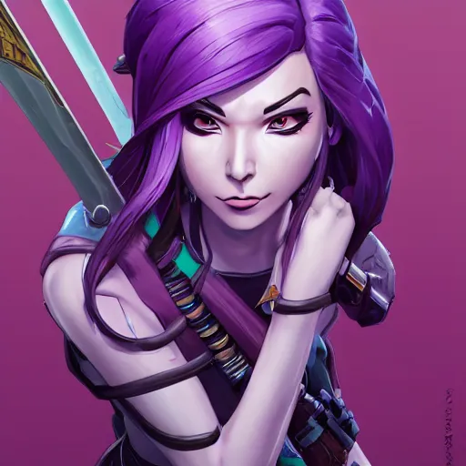 Prompt: beautiful female purple hair katana symmetrical face eyes full length fantasy art apex fortnite Video game icon, 2d game art gta5 cover , official fanart behance hd artstation by Jesper Ejsing, by RHADS, Makoto Shinkai and Lois van baarle, ilya kuvshinov, rossdraws