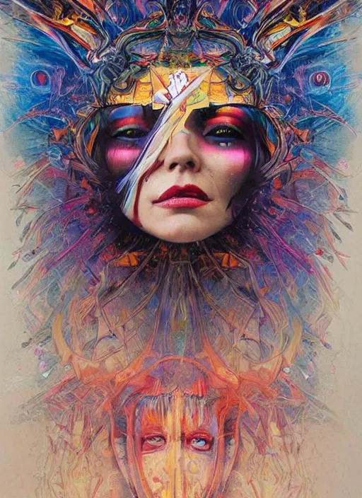 Image similar to gorgeous magic cult psychic woman smiling, third eye, energetic consciousness psychedelic, epic surrealism expressionism symbolism, story telling, iconic, dark robed, oil painting, symmetrical face, dark myth mythos, by Sandra Chevrier, Noriyoshi Ohrai masterpiece