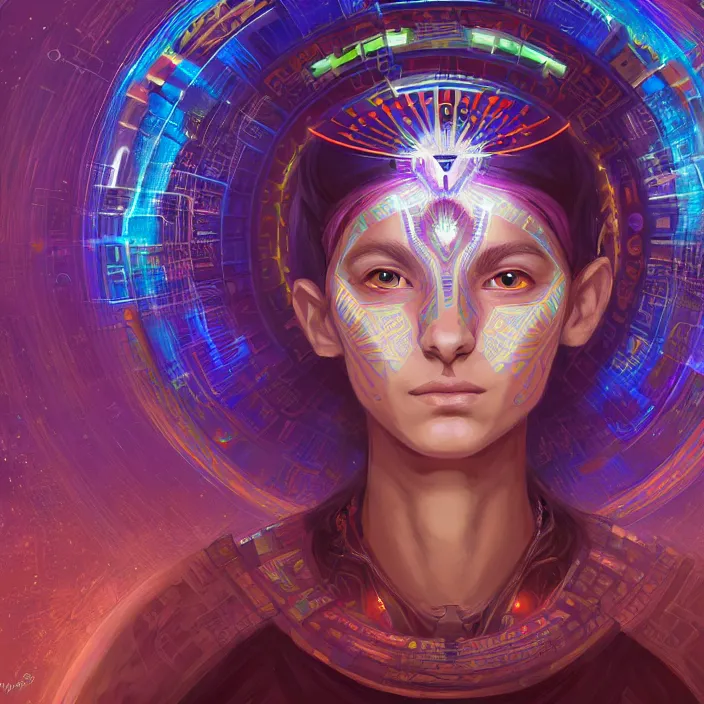 Image similar to portrait of a future metaverse ayahuasca tech shaman warrior, 2 d cartoon, visionary art, symmetric, magick symbols, holy halo, shipibo patterns, sci - fi, concept art, trending on art station, 8 k digital art, by mandy jurgens, fantasy portrait art, anime