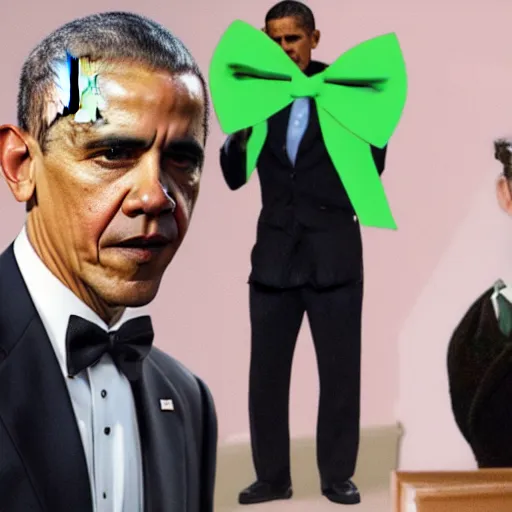Prompt: obama wearing a black sweater vest and a green bow tie, still from riverdale
