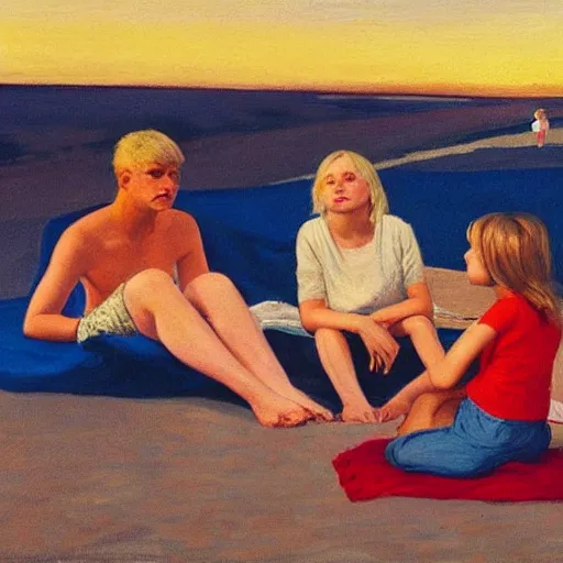 Image similar to a nine year old blonde girl and her two parents sit on a blanket at the beach and watch through sun go down in the style of Edward hopper