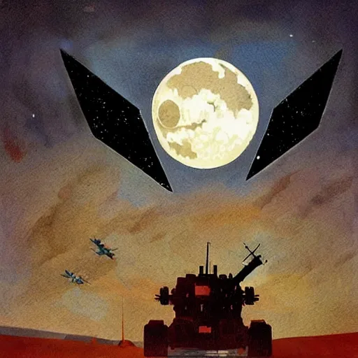 Prompt: war heavy spaceship above the field of wheat with blue skies and dark red detailed moon by Ian McQue