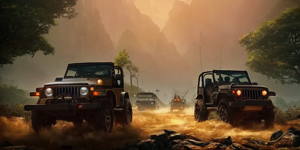 Image similar to Mahindra thar, furious chasing, action scene, an epic fantasy, dramatic lighting, cinematic, establishing shot, extremely high detail, photorealistic, cinematic lighting, matte painting, artstation, by simon stalenhag, Uncharted 4: A Thief's End