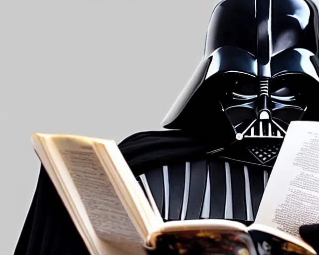 Prompt: a photograph of Darth Vader reading a book about moral philosophy