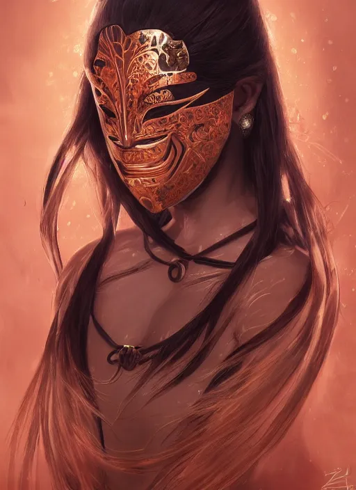 Prompt: a beautiful detailed oil on copper art illustration of a japanese obeshimi mask woman, centered, by charlie bowater, zeng fanzh, trending on artstation, dim dusk lighting, cinematic lighting, detailed lighting, volumetric lighting, realistic, f 8, 4 k hd wallpaper