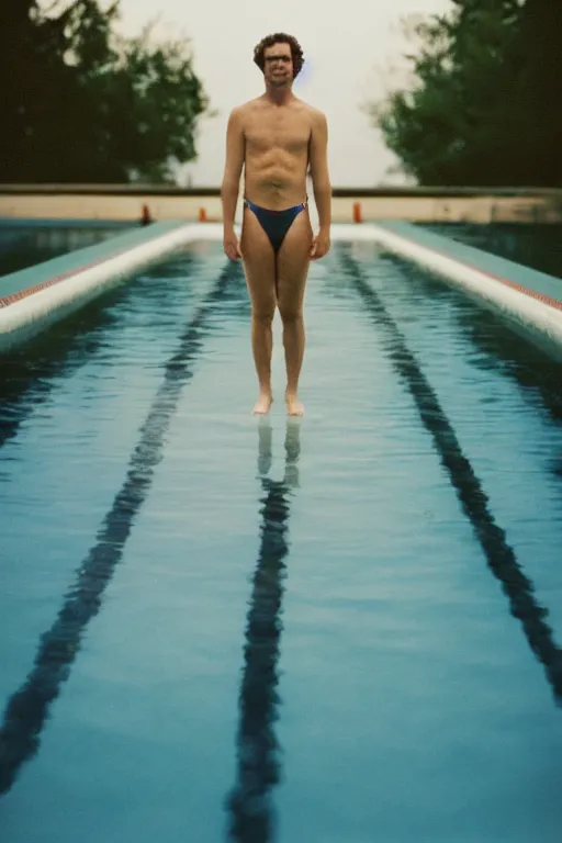 Image similar to mid distance photo of seth dusky standing on the diving board, 3 5 mm, highly detailed, color photo, cinematic lighting