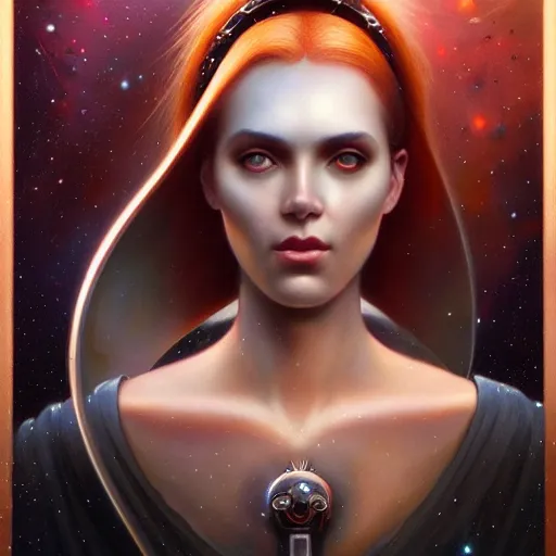 Image similar to a beautiful portrait of a cosmic goddess by Jim Burns and Tom Bagshaw, Trending on Artstation, nebula background
