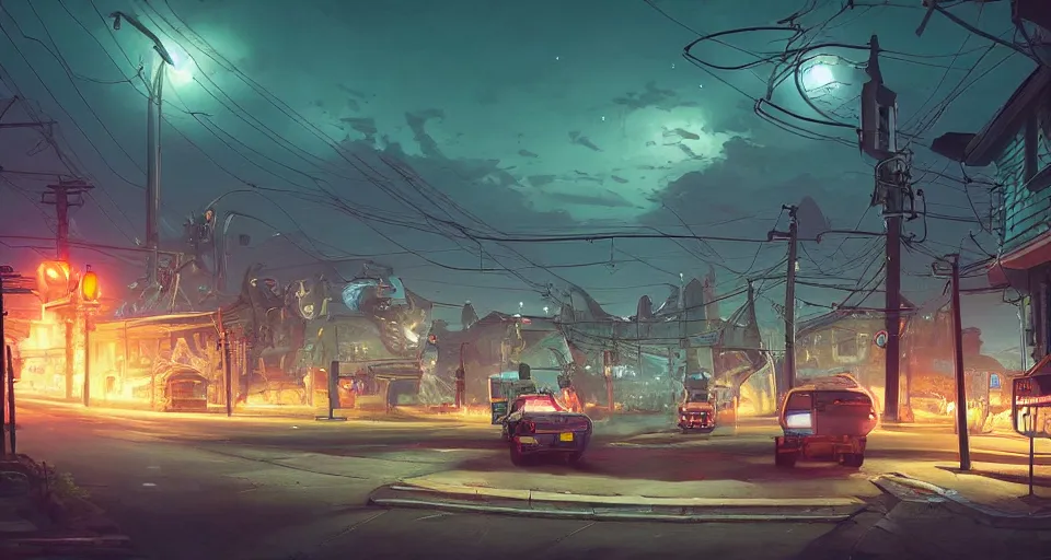 Image similar to a quaint suburban street at night colossal mech looms in the distance, realistic rendering, unreal engine, 4k, hdr, high dynamic range, f12, by simon stalenhag