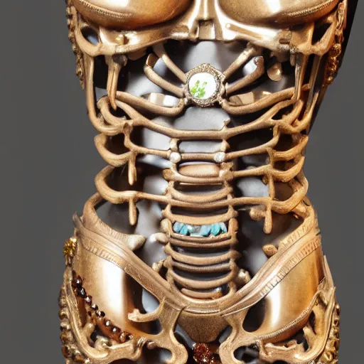 Image similar to female torso and head in curved position with visible gems inlaid in skin with anatomic description, antique style, skeleton, gems, cameo, gold, 8k, details, studio lighting, realism, complex lights