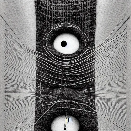 Image similar to portrait photo of a wool sock with giant eyes, face made from thick cyberpunk wires, extremely high details, realistic, by MC Escher and Rene Margitte and victor enrich