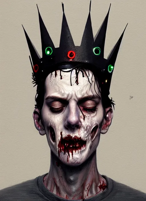 Image similar to portrait of zombie jughead jones wearing a light grey crown, photorealistic, zombie, crown, eyes closed, crown, black hair, intricate, elegant, glowing lights, highly detailed, digital painting, artstation, concept art, sharp focus, illustration, art by wlop, mars ravelo and greg rutkowski