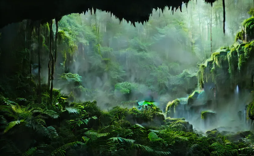 Image similar to a beautiful render of a dark prehistoric rainforest in a humongous cave, lush flora, patches of sky, sunset, floating mountains and a waterfall in the background, intricate detail, hazy, humid, volumetric lighting, 8 k, photorealistic, raytracing effects, unreal engine 5