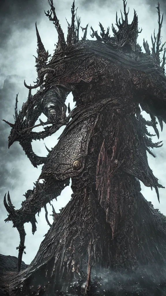 Image similar to the true elden lord, fromsoftware, elden ring, dark souls, bloodborne, dark fantasy, realistic, highly detailed, 8 k, volumetric lighting, sinister lighting, detailed facial features