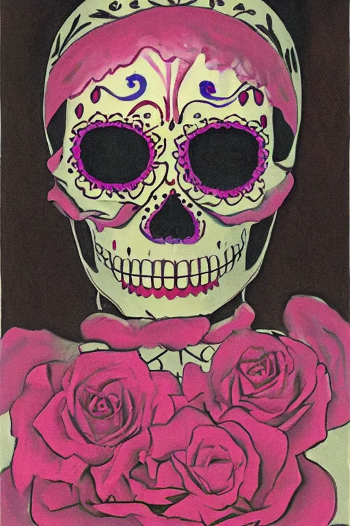 Image similar to illustration of a sugar skull day of the dead girl, art by francis bacon