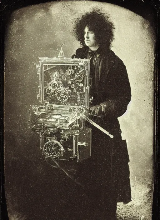 Prompt: old wetplate daguerreotype portrait of the birth of a genius inventor, explosion of data fragments, fractal, intricate, elegant, highly detailed, parallax, leica, medium format, subsurface scattering, by jheronimus bosch and greg rutkowski and louis jacques mande daguerre