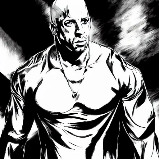 Prompt: Black and white drawing of Vin Diesel walking like a Italian model, highly detailed, sharp focus, manga panel, ArtStation, art by Hirohiko Araki