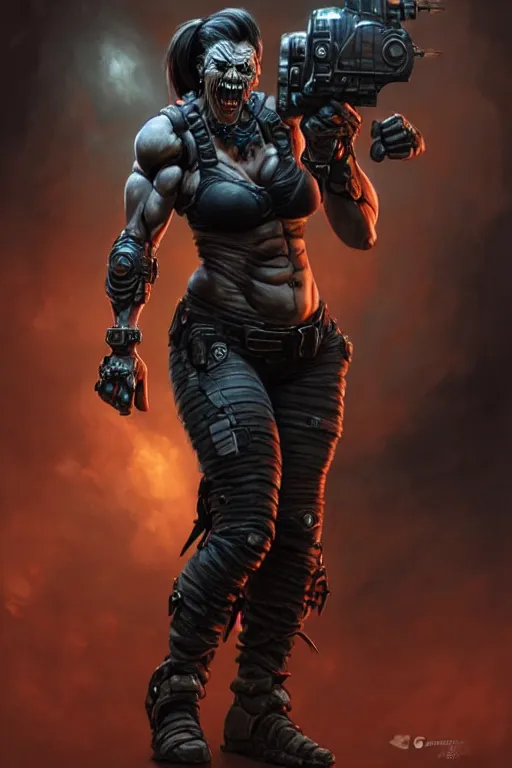 Image similar to gina carano as an ork with prothesis metallic left arm, casual black clothing, muscular, realistic proportions, casual pose, large portrait, sci - fi, shadowrun, rpg character, gun, digital painting, artstation, concept art, smooth, 8 k frostbite 3 engine, ultra detailed, art by artgerm and greg rutkowski and magali villeneuve