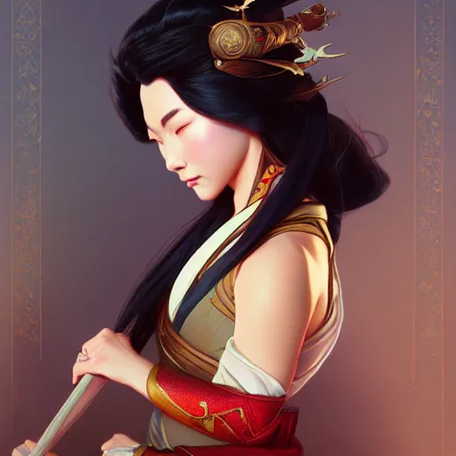 Prompt: Mulan, D&D, fantasy, intricate, elegant, highly detailed, digital painting, artstation, concept art, matte, sharp focus, illustration, art by Artgerm and Greg Rutkowski and Alphonse Mucha