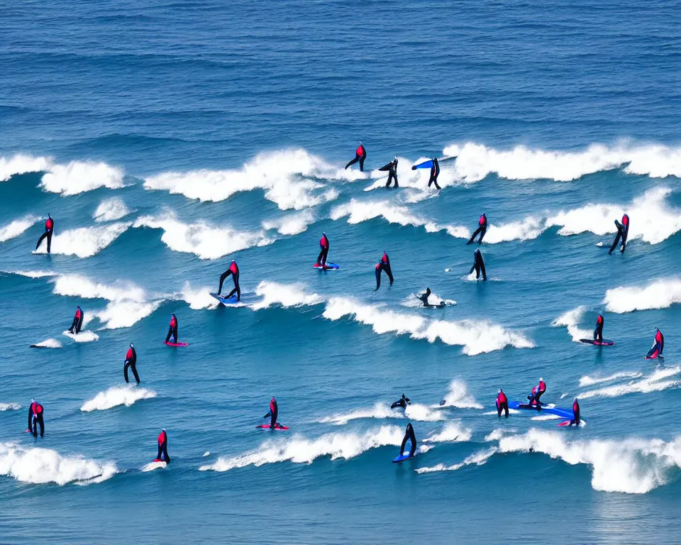 Image similar to worshippers in blue wetsuits belonging to the cult of the surfers, surfing in waves, standing on surfboards, surfing in the face of a tsunami, high detailed colors, bright deep blue